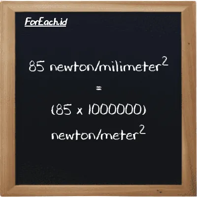 Cara konversi newton/milimeter<sup>2</sup> ke newton/meter<sup>2</sup> (N/mm<sup>2</sup> ke N/m<sup>2</sup>): 85 newton/milimeter<sup>2</sup> (N/mm<sup>2</sup>) setara dengan 85 dikalikan dengan 1000000 newton/meter<sup>2</sup> (N/m<sup>2</sup>)